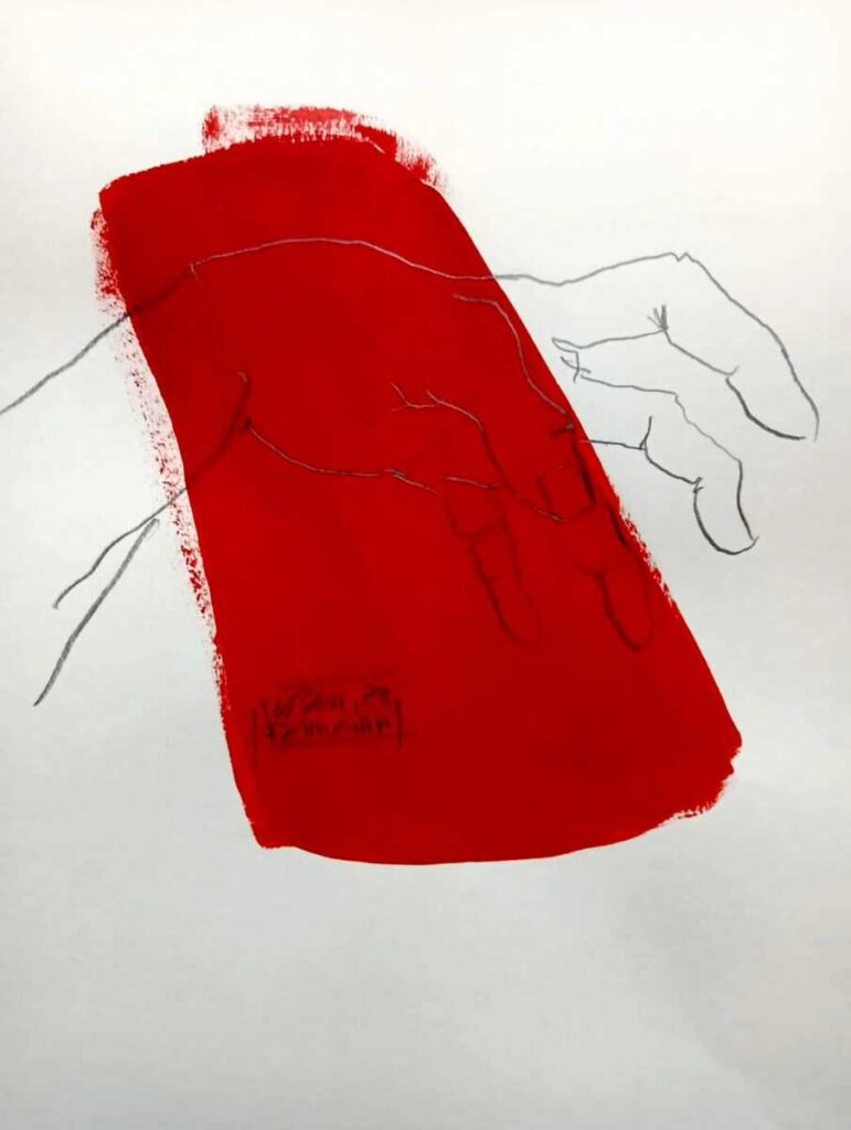Mãos em vermelho - acrílico e grafite s/ papel - 2023